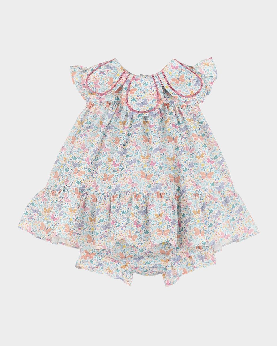 Girl's Butterfly-Print Petal Collared Dress, Size 3M-
